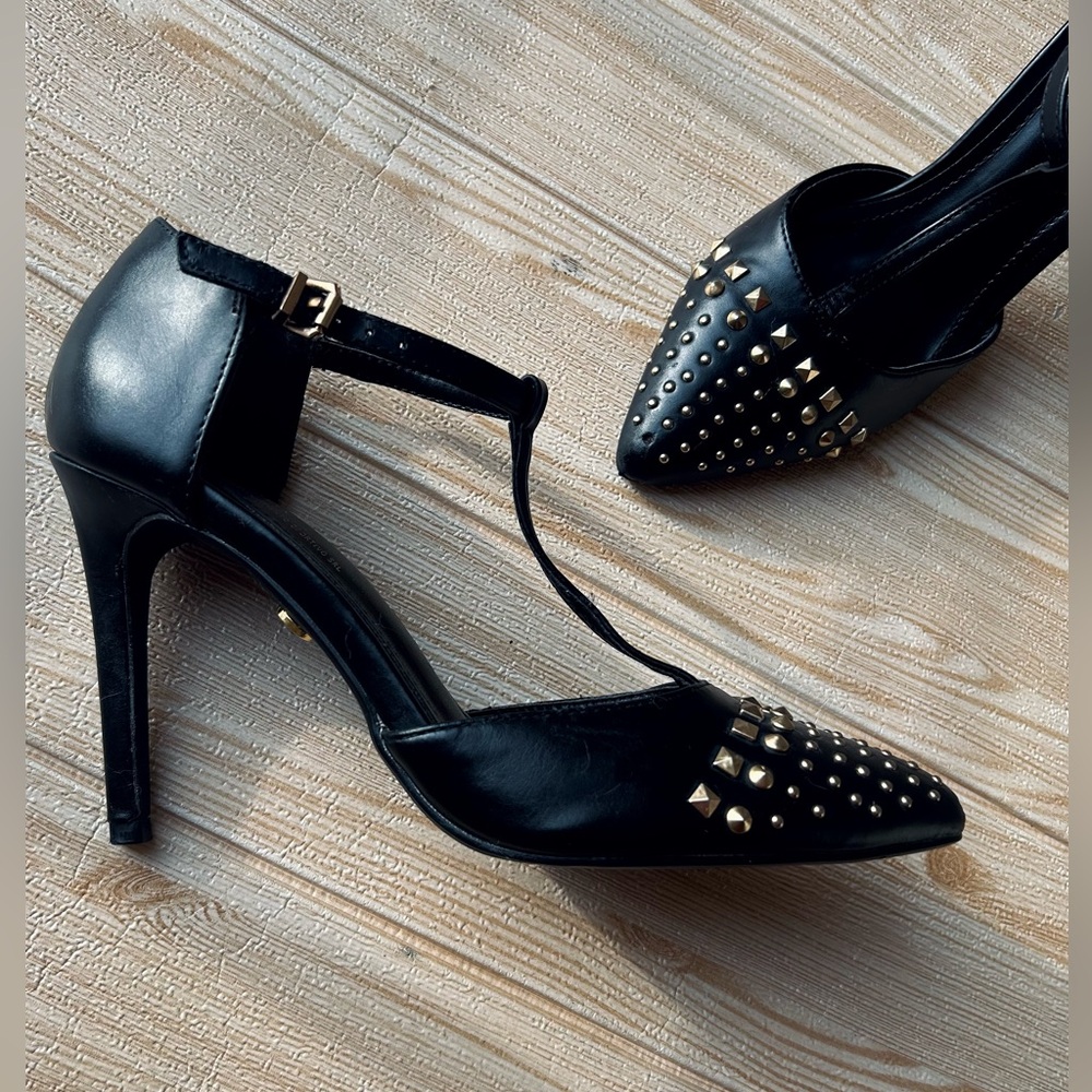 Versace US 7.5 Black Leather Heels Stiletto Studded Gold